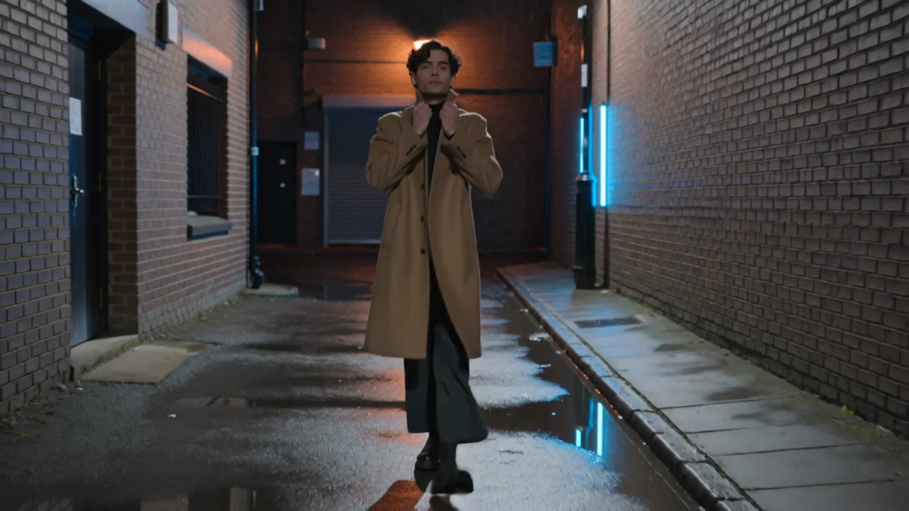 The finished clip on Kling v3: the man in the camel coat walking toward a handheld camera through the wet alley, a lamp behind him, a cyan tube on the right wall, turning up his collar