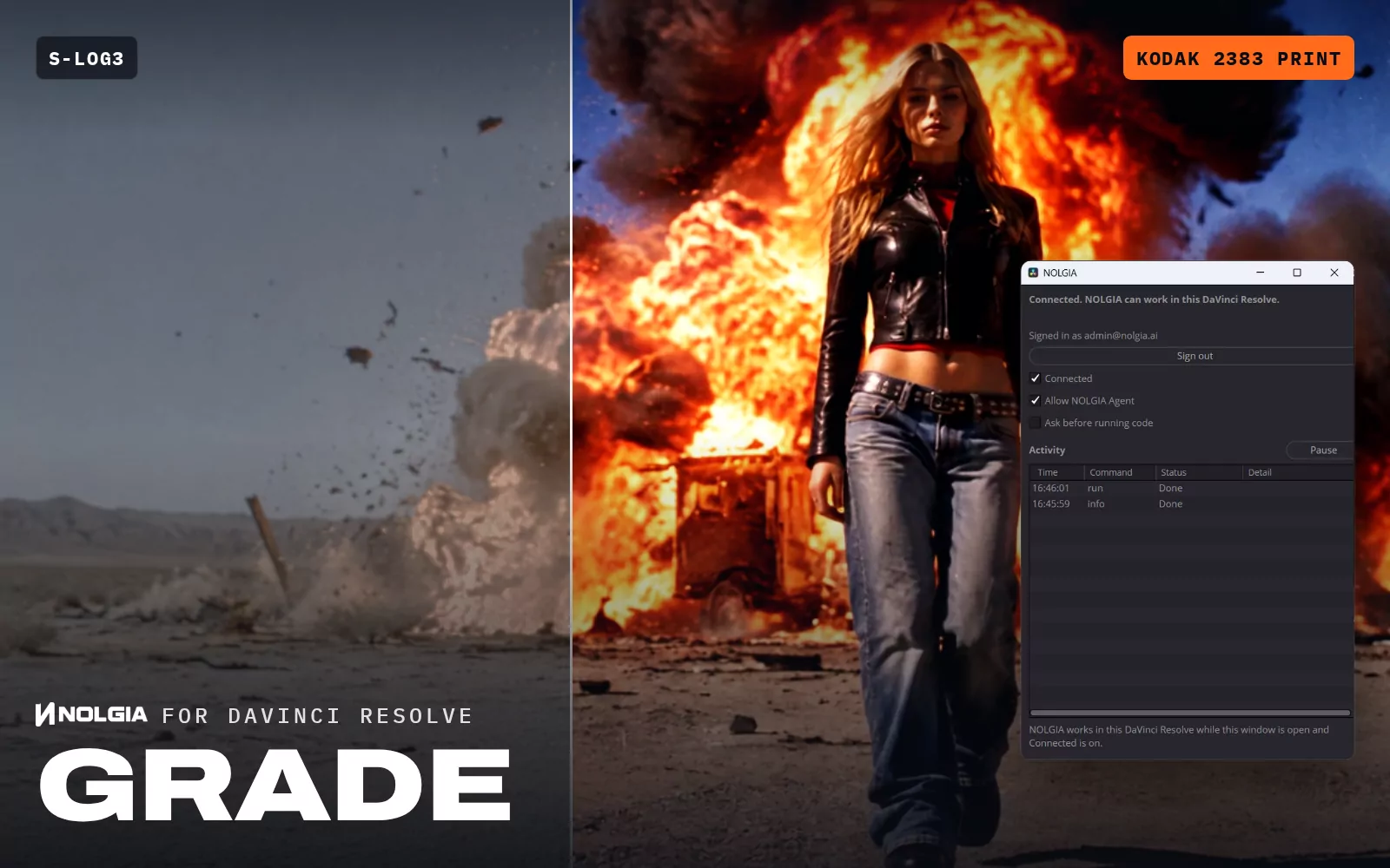 For filmmakers: a shot in S-Log3, flat and grey, wiped into a Kodak 2383 Print film grade. Then a screen recording of the NOLGIA window in DaVinci Resolve running import_asset in the project.
