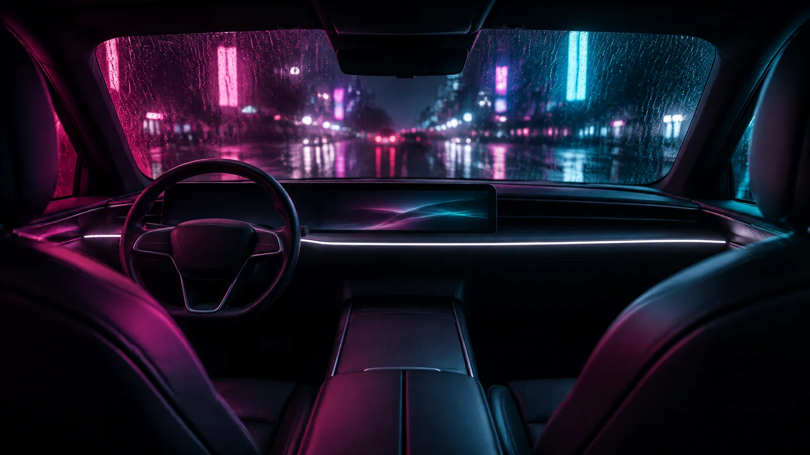 A dark leather cabin at night with a thin light strip along the dash, magenta light from the left and cyan from the right