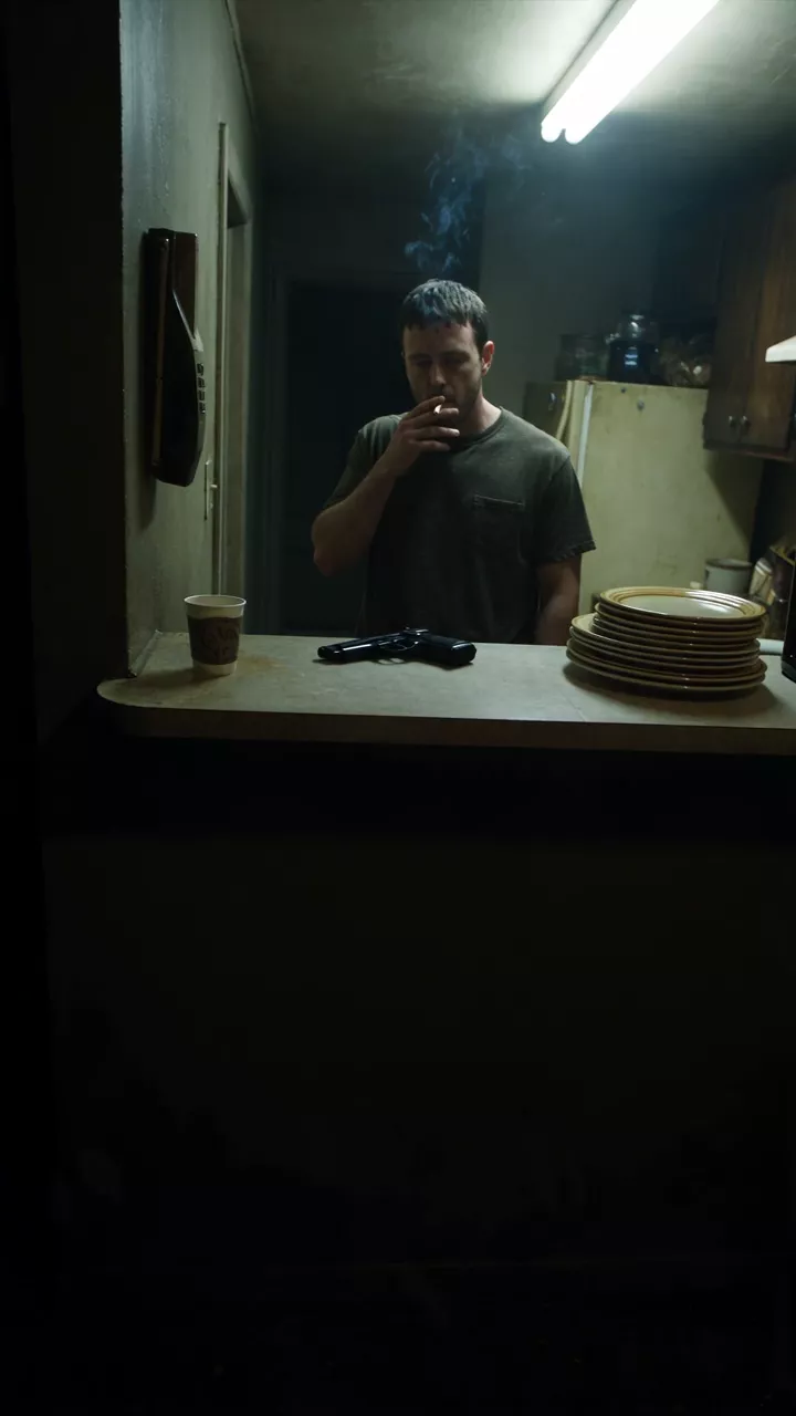 A small kitchen at night under a fluorescent tube, filmed from the hallway: a man smoking at the counter picks up a handgun, fires once into the dark room beside him, and turns back to the camera with his cigarette
