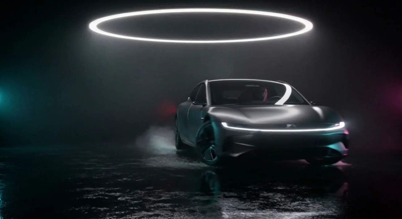 Kling v3 at 3 seconds: the coupe facing the camera with a mark on the nose and a figure behind the windscreen