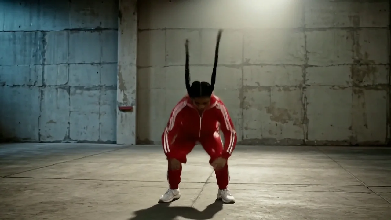 Kling v3: a performer in a warehouse flips backward in a high tuck and lands feet first in a squat
