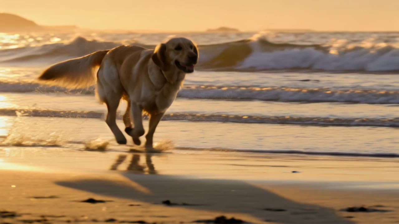 Example made with Kling v3: A golden retriever sprints along a wet beach at sunset, splashing through shallow waves, ears flapping. The camera tracks alongside at dog height…