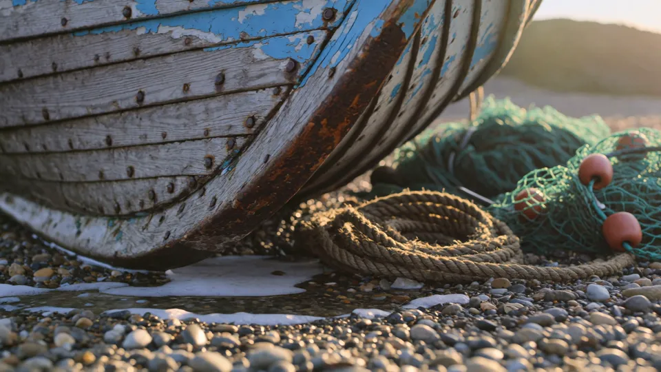 Close on frayed rope and green fishing net on an old wooden boat at sunrise