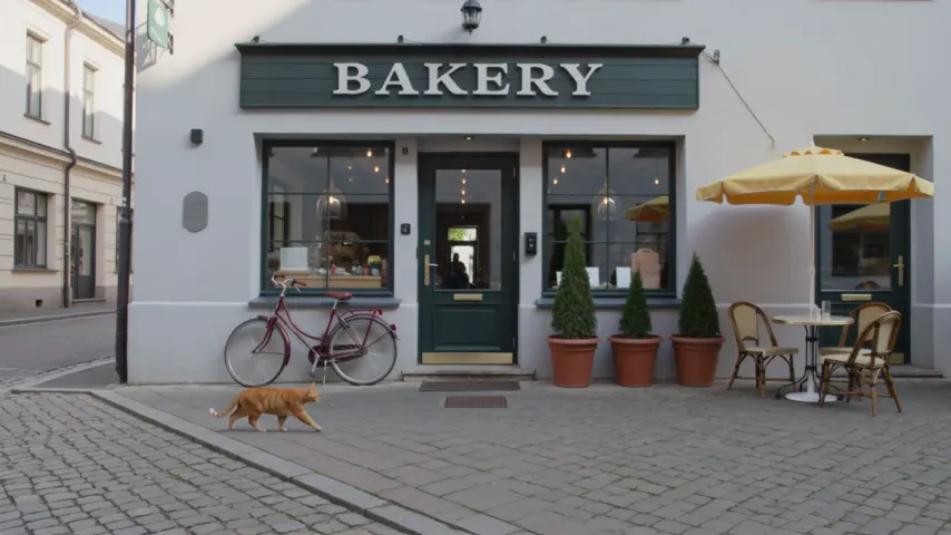 Kling v3: the same bakery storefront, with a figure standing behind the door glass inside the shop