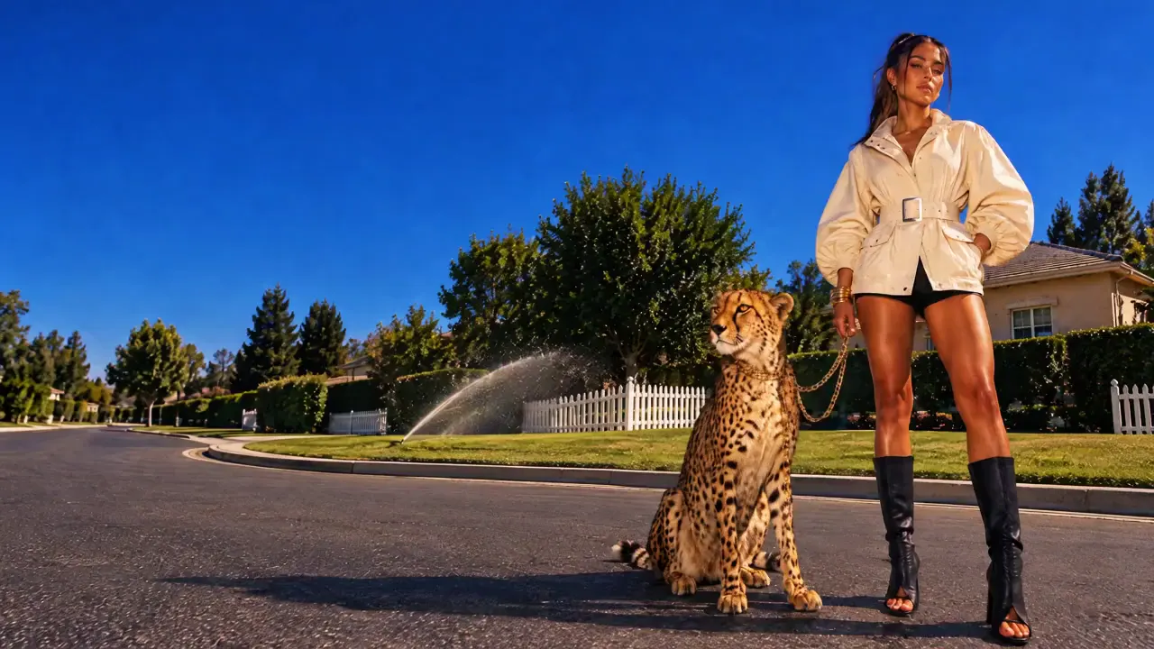 The SPOTTED wide picture animated into a 5 s launch clip on a locked-off camera: the sprinkler sweeping, the cheetah turning to the lens. Graded in Studio with the Kodak Ektar 100 look.