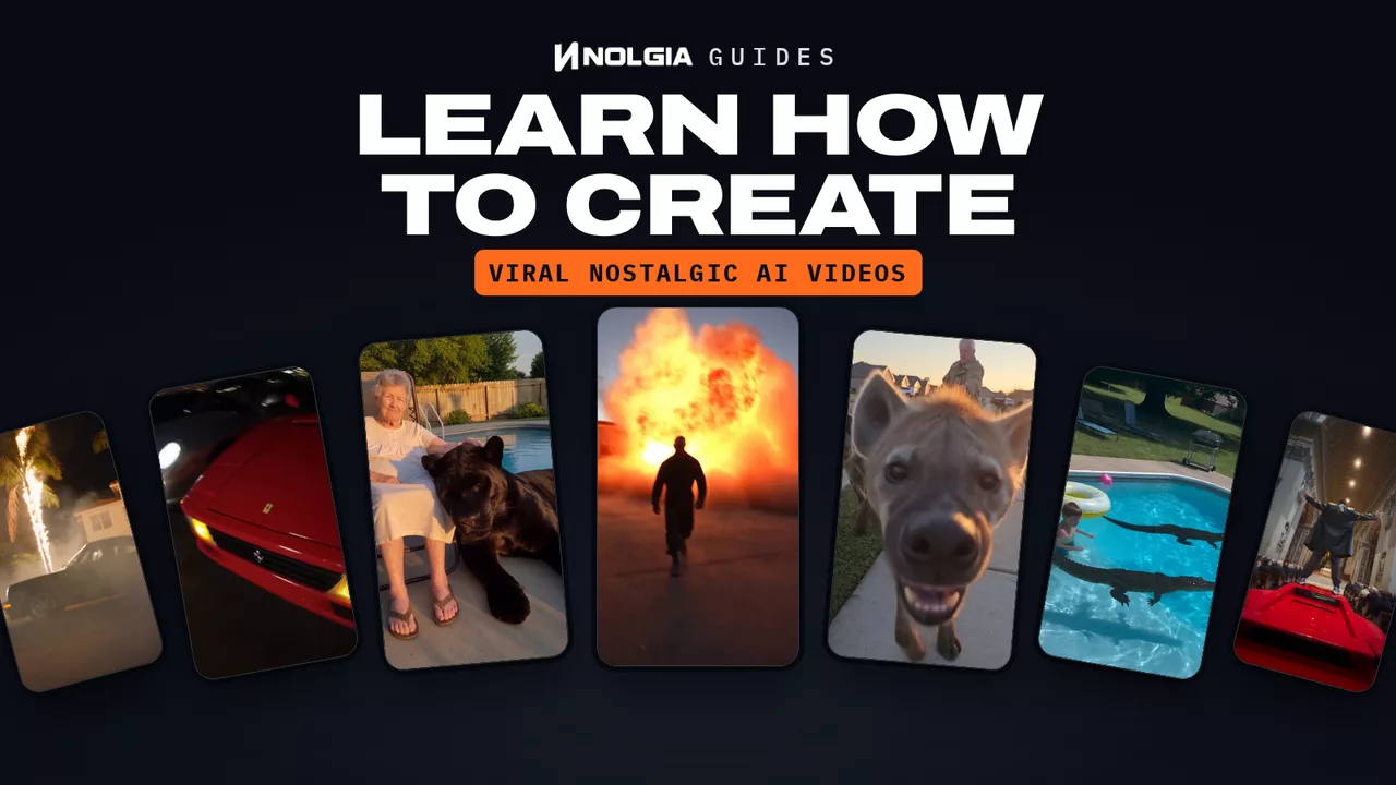 Learn how to create, NOLGIA guides: clips from the viral nostalgic stylized AI videos guide play in phone frames, a man walking away from a fireball, a grandmother petting a black panther, a hyena running at the camera, crocodiles in a backyard pool and a man standing on a red sports car in a church