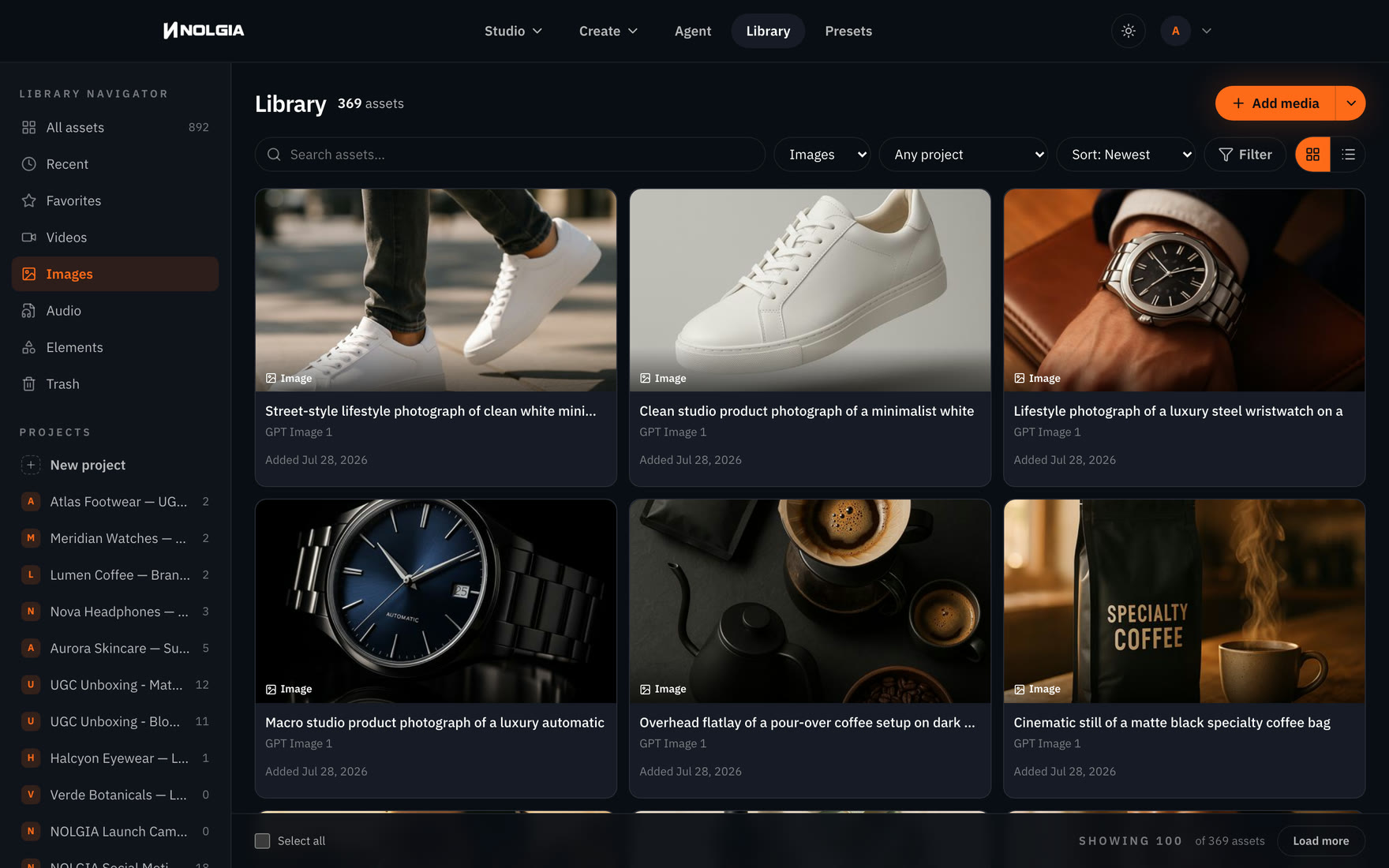 The NOLGIA asset Library: a searchable, filterable grid of real generated assets (studio product shots, characters, apparel, and cinematic stills), organized by type and project.