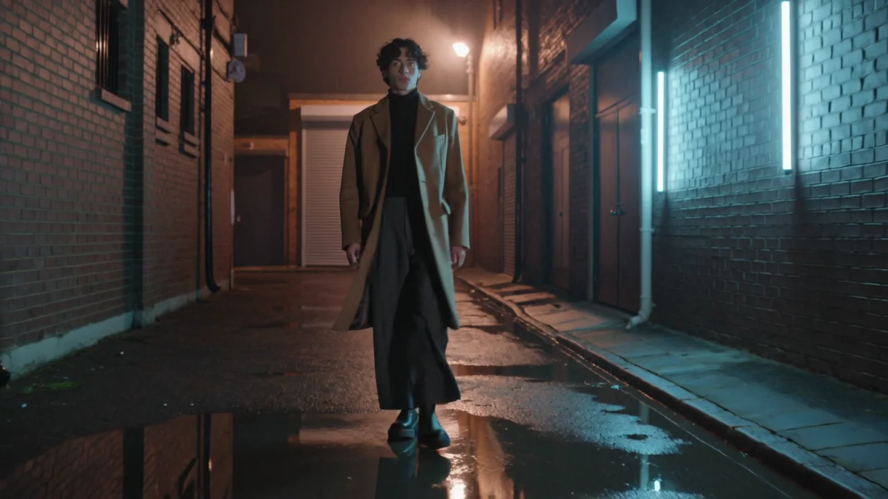 The same prompt with the light named, on Kling v3: an orange lamp behind him and a cyan neon tube on the right wall, both colours on the wet ground