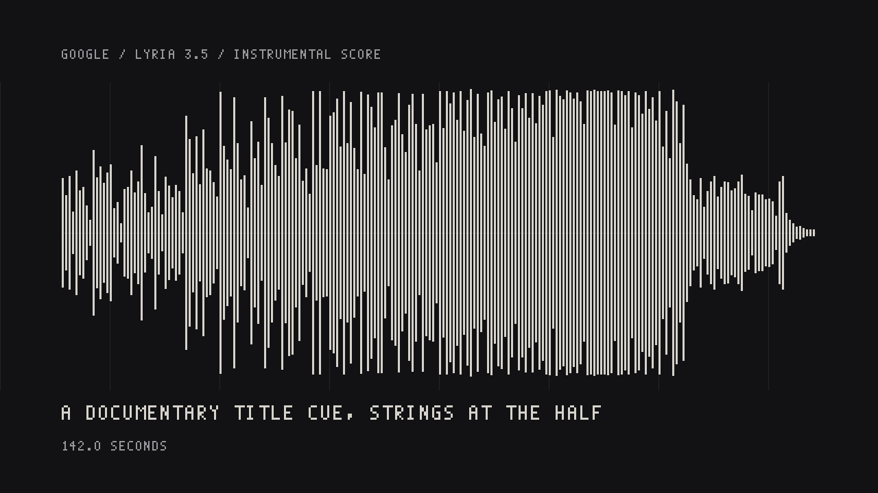 Example made with Lyria 3.5: A warm instrumental for a documentary title sequence: felt piano and soft upright bass establish the theme, brushed drums enter lightly, gentle…