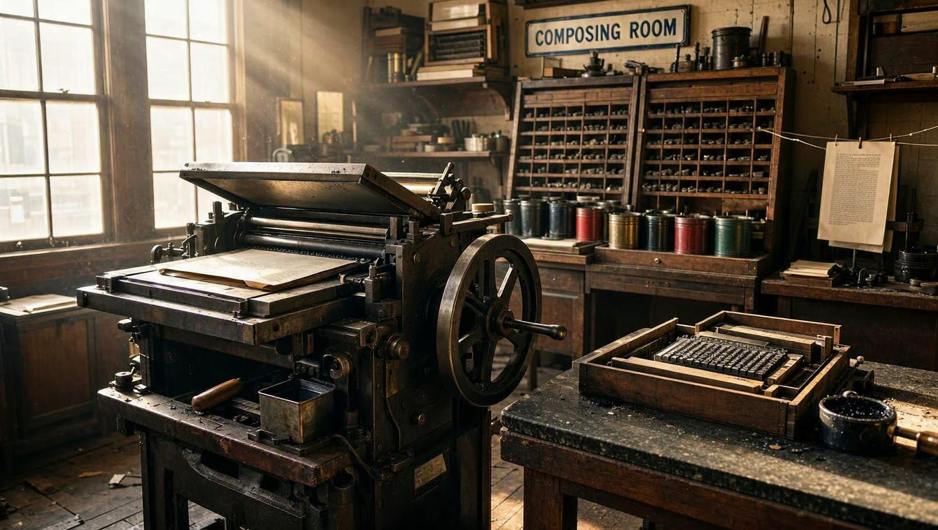 Example made with MAI Image 2.5 Pro: The interior of a working letterpress print shop in the late afternoon: a cast-iron platen press in the foreground, California job cases of loose…