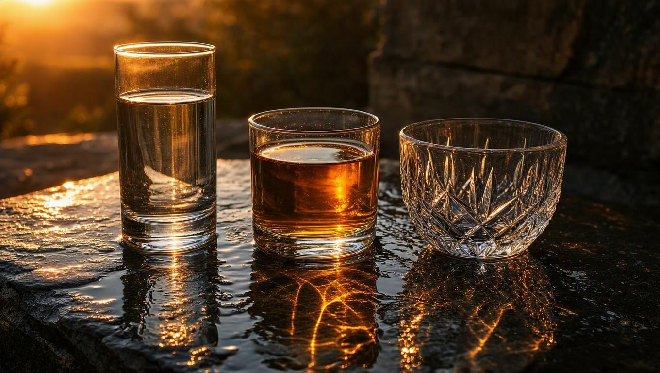Example made with MAI Image 2.5: A still life of three glass vessels of different thickness on a wet black stone slab at golden hour: a tall cylinder of water, a squat tumbler of…