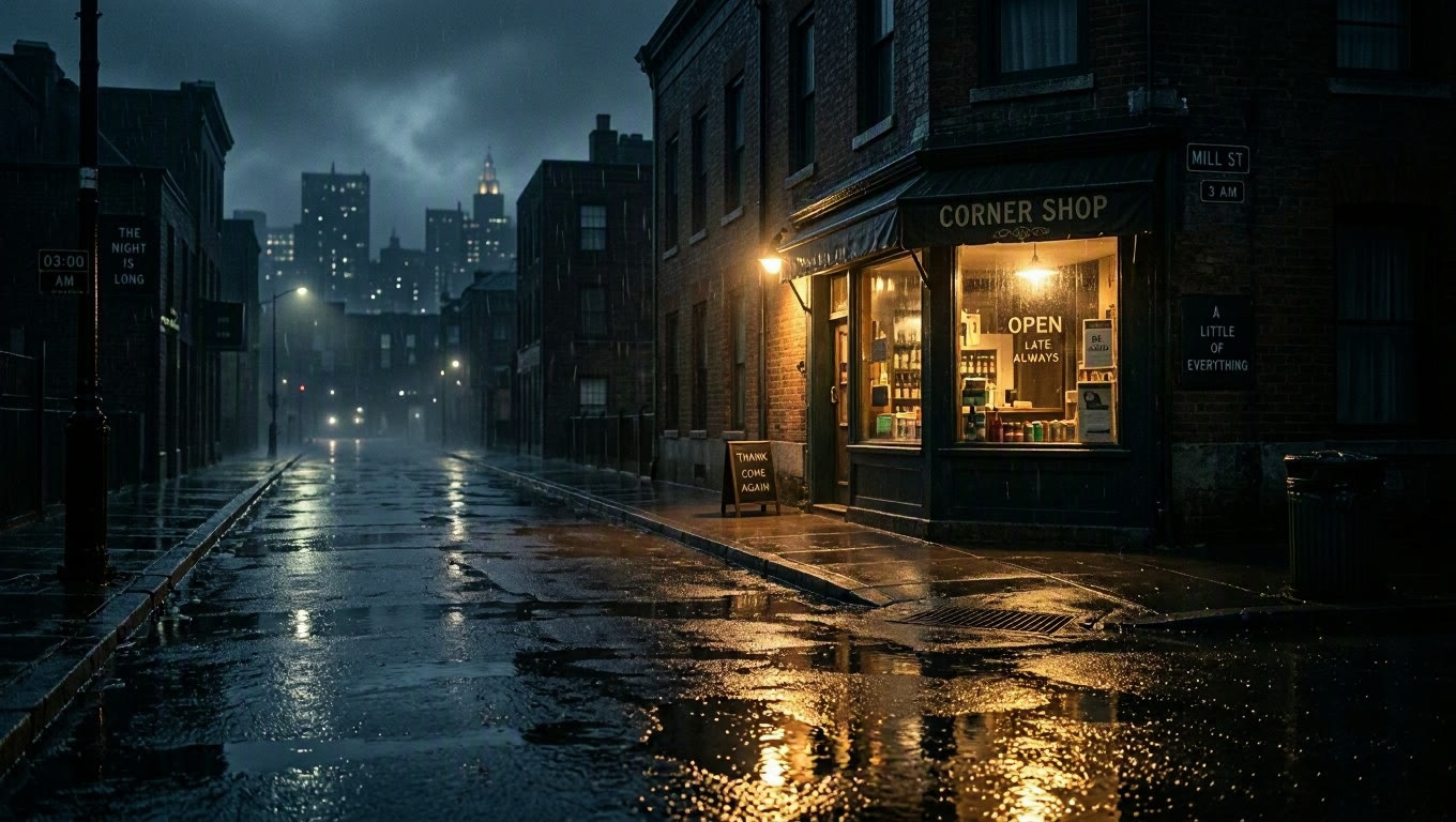 Example made with MAI Image 2.6 Flash: A wet empty street at three in the morning, every building dark except one small corner shop whose window throws a single warm rectangle of light…