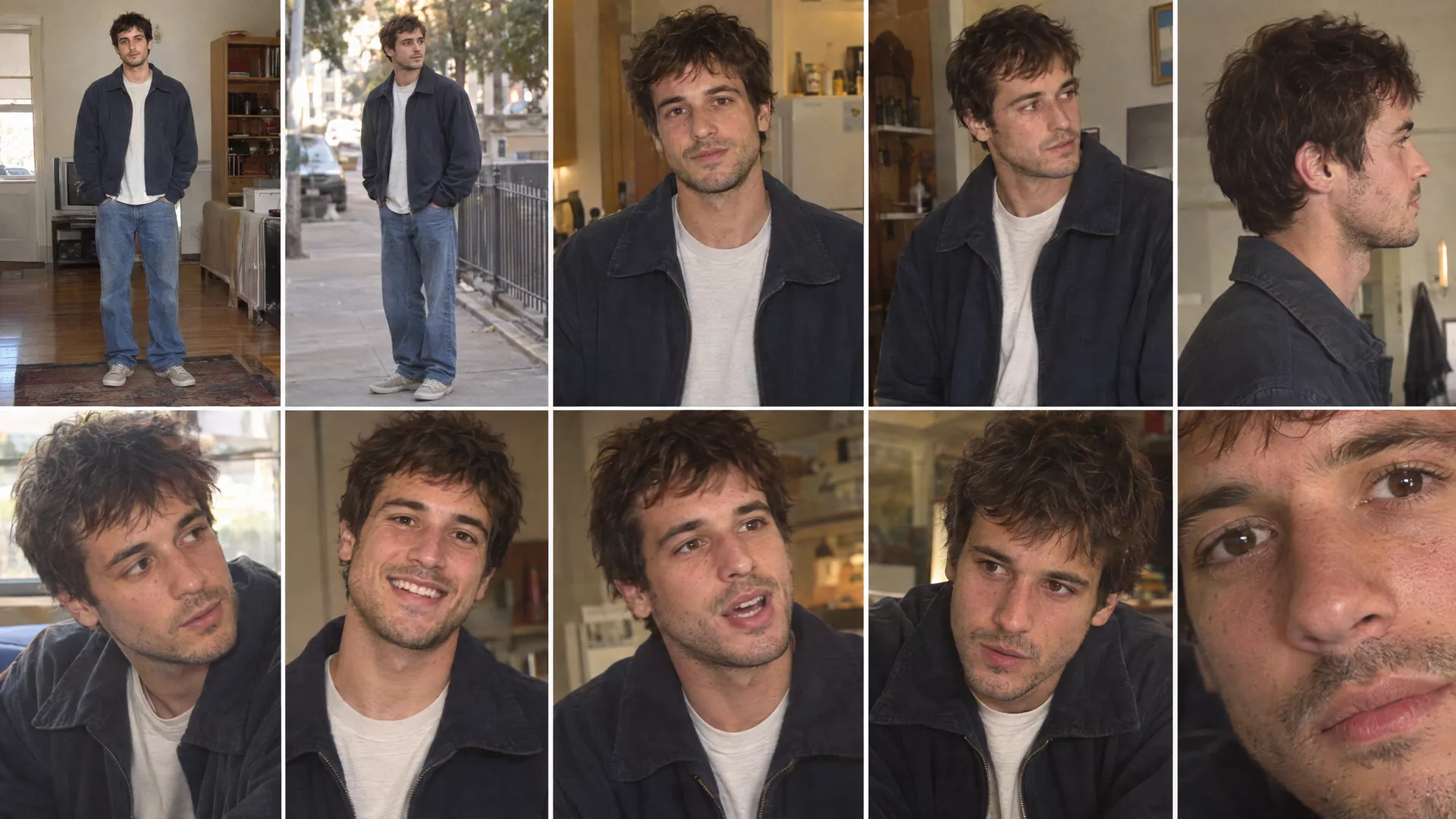 His character sheet: ten photographs of one young man with dark tousled hair and stubble in a navy zip jacket over a white T-shirt and blue jeans, full length indoors and on a sidewalk, waist up, profile, four expressions and an extreme close-up