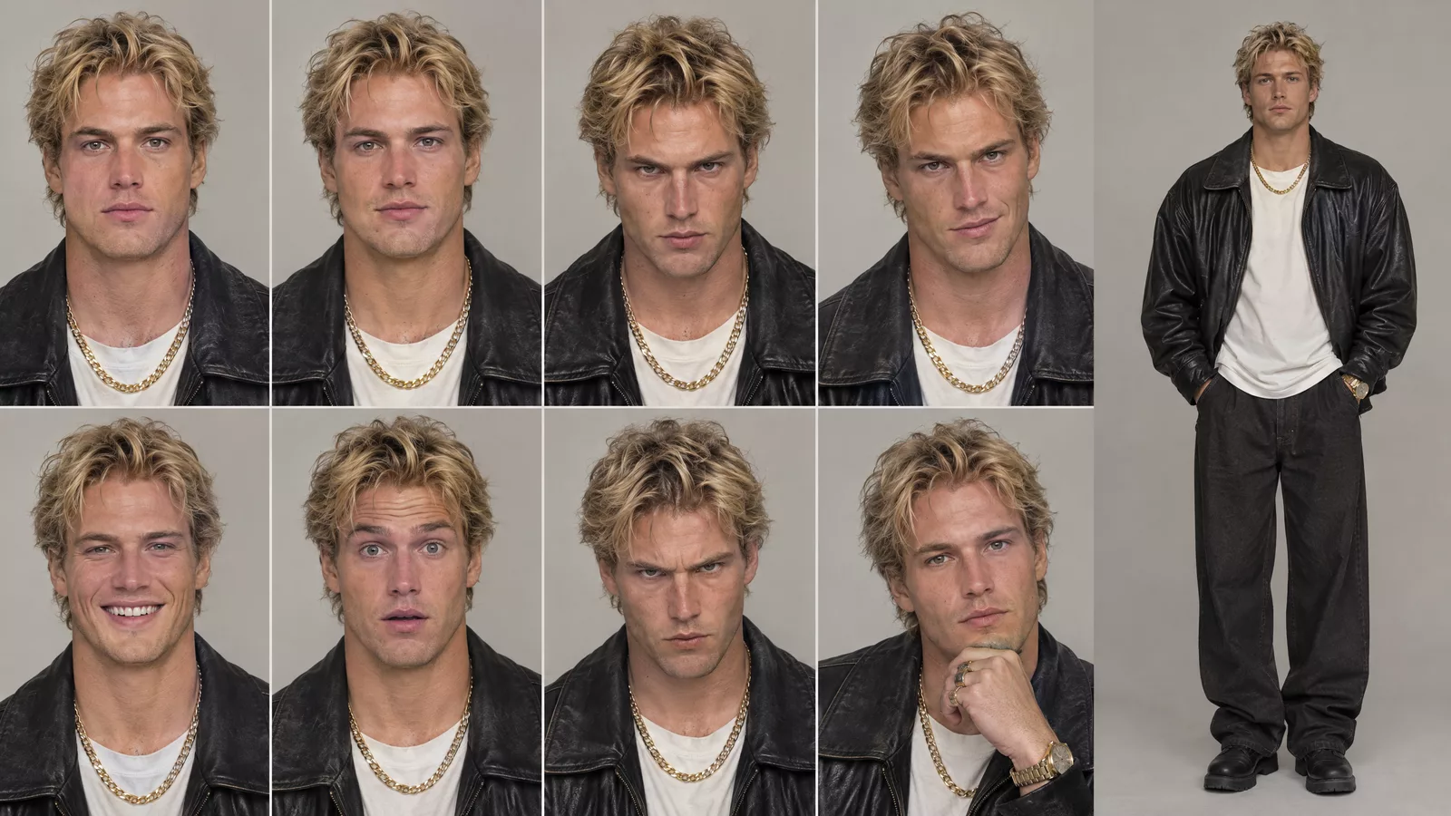 The male host's character sheet: eight portraits of one blond man in a black leather jacket, white shirt and gold chain, each with a different expression, and a full-length view, on a plain grey background