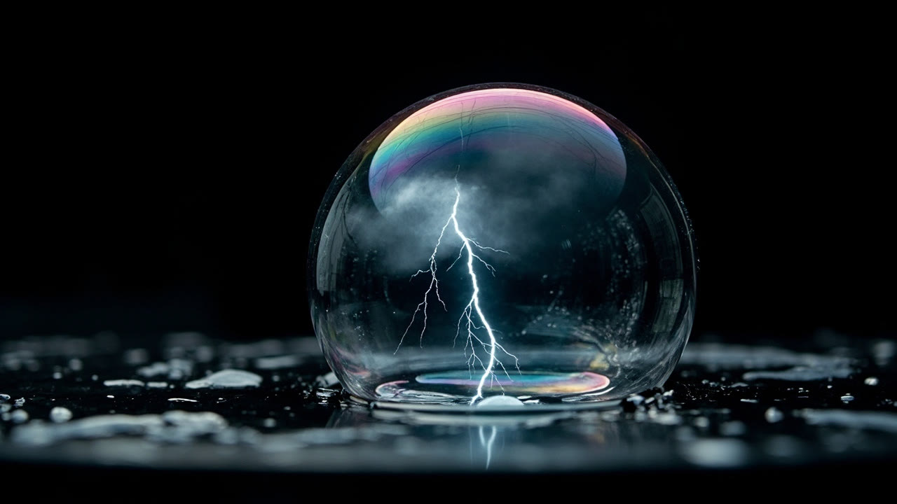 Example made with MiniMax Image 01: An extreme macro of a single soap bubble resting on a dark wet surface, its skin swirling with thin-film iridescence, and inside the bubble a…