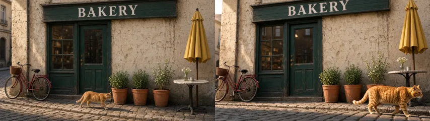 Two frames of Grok Imagine Video 1.5's first run, from the start and the end: the framing slides to the right and the closed yellow umbrella stays closed.