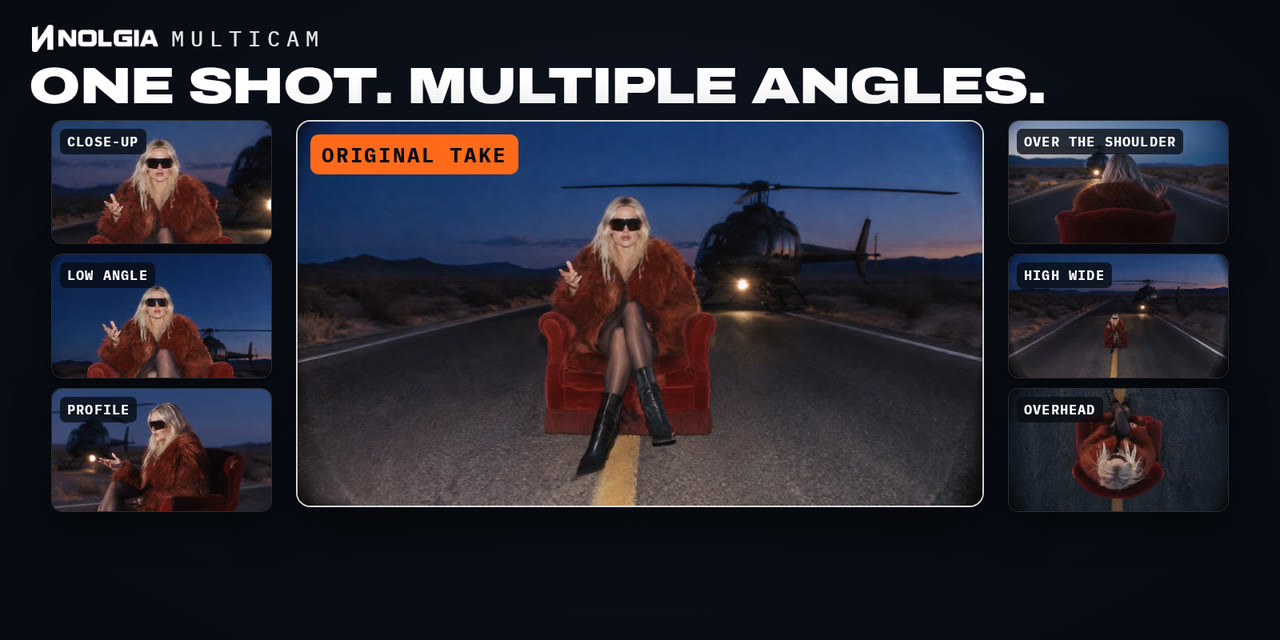 One shot, multiple angles, NOLGIA Multicam: the original take of a woman in a red fur coat in an armchair on a desert road, a helicopter behind her, in the middle, and the six angles Multicam made from it around it, a close up, a low angle, a profile, over the shoulder, a high wide and an overhead, all in sync. She is fictional.
