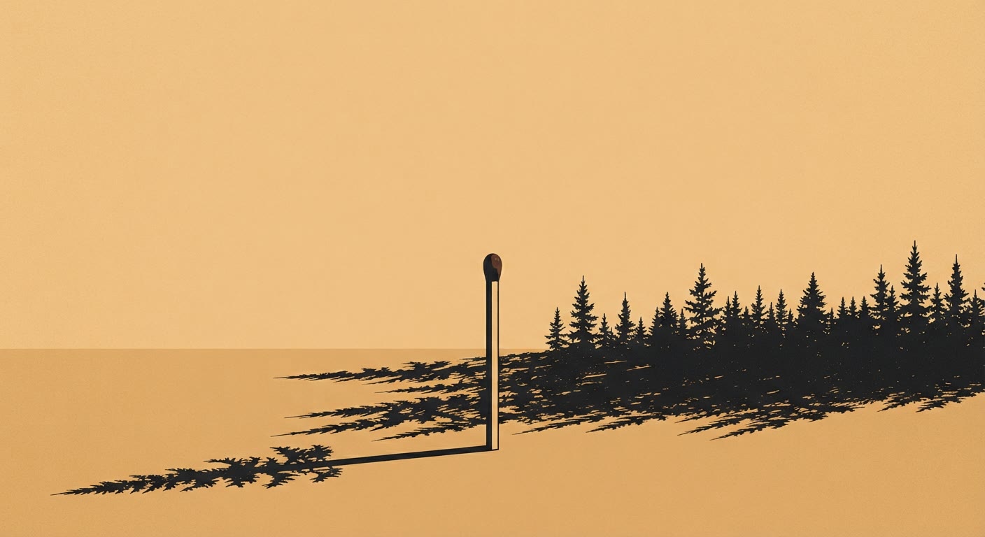 Example made with Nano Banana 2 Lite: A single unlit matchstick standing upright on a flat warm sand-coloured ground, lit by one hard low light from the right, and its long cast shadow is…