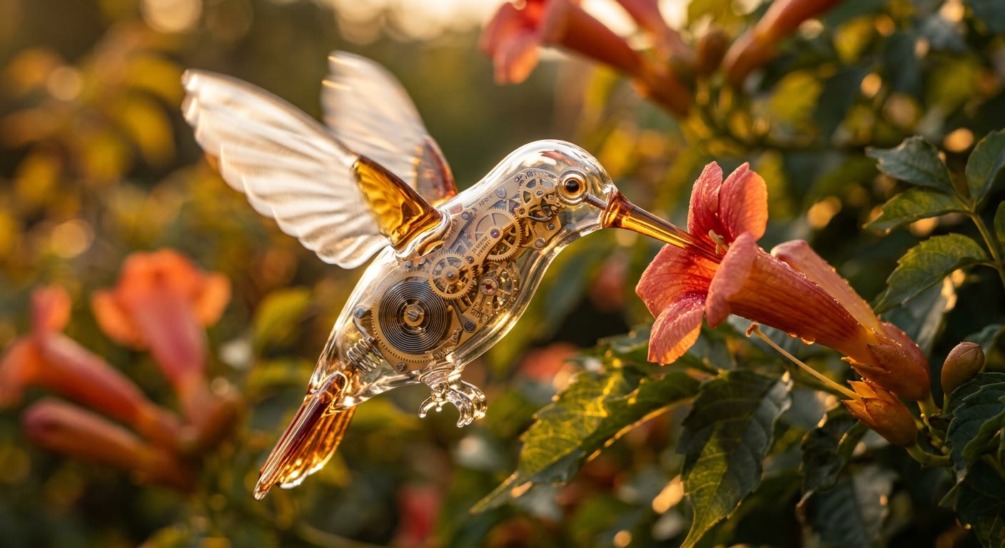 Example made with Nano Banana 2: A macro photograph of a hummingbird hovering at a real trumpet flower, its entire body blown from clear and amber glass with visible brass clockwork…