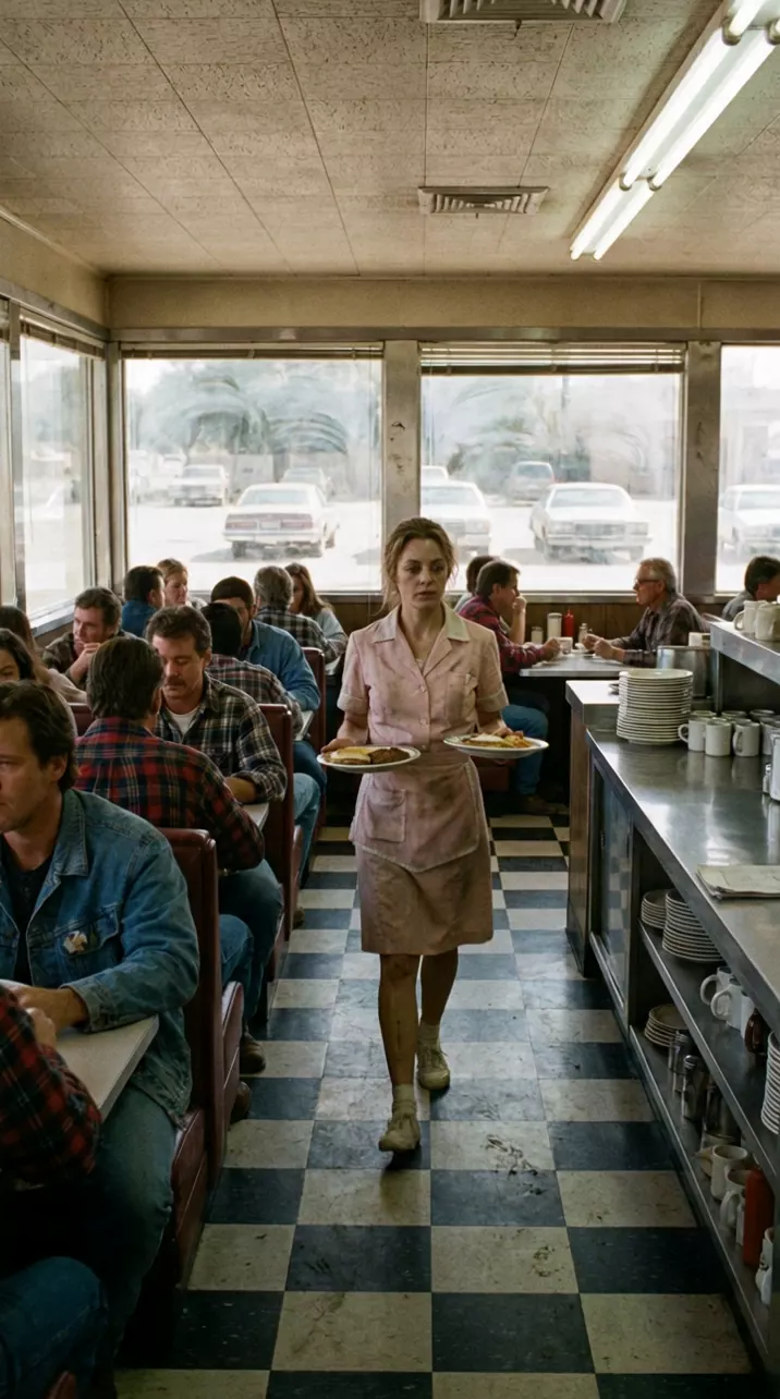 Take 1, a diner with a black and white floor: a waitress in a pink uniform walks down the aisle toward the camera carrying plates, and the camera hardly turns