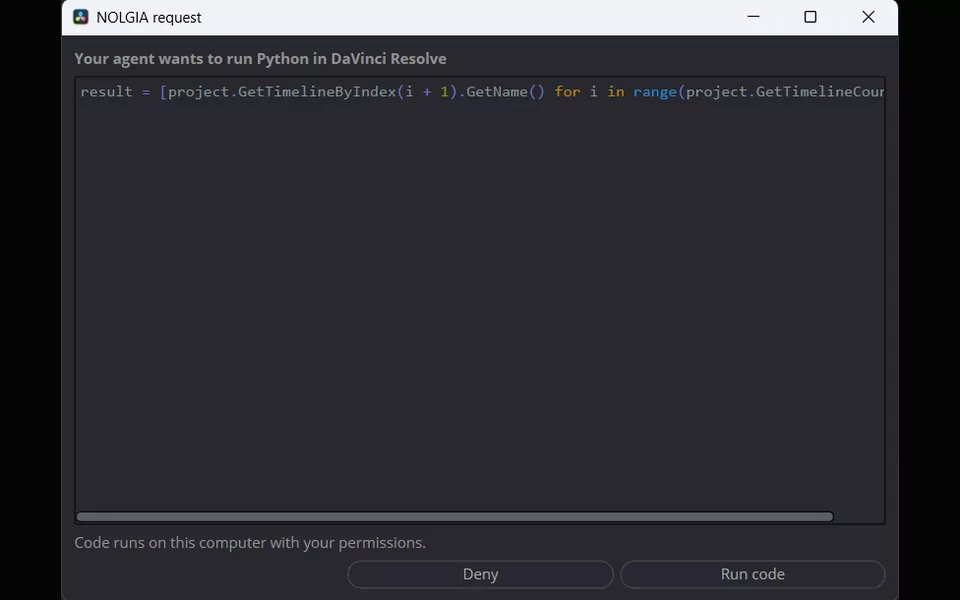 The NOLGIA window asking before it runs Python: the code, Run code and Deny, and the note that code runs on this computer.