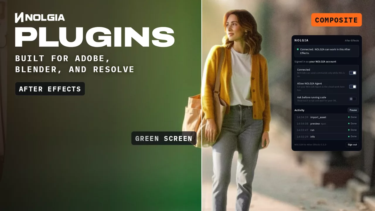 NOLGIA PLUGINS, built for Adobe, Blender and Resolve: the After Effects plugin composites a woman shot on a green screen onto a street, the DaVinci Resolve plugin turns flat grey camera log footage of a woman walking out of an explosion into a Kodak 2383 Print film grade, and the Blender plugin simulates a wrecking ball bringing down a stone column, each plugin's panel beside its work.