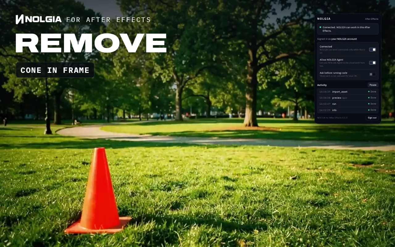 NOLGIA for After Effects, Remove: an orange traffic cone stands in the grass of a moving park shot, then the cleaned plate wipes across and the cone is gone while the camera keeps moving.