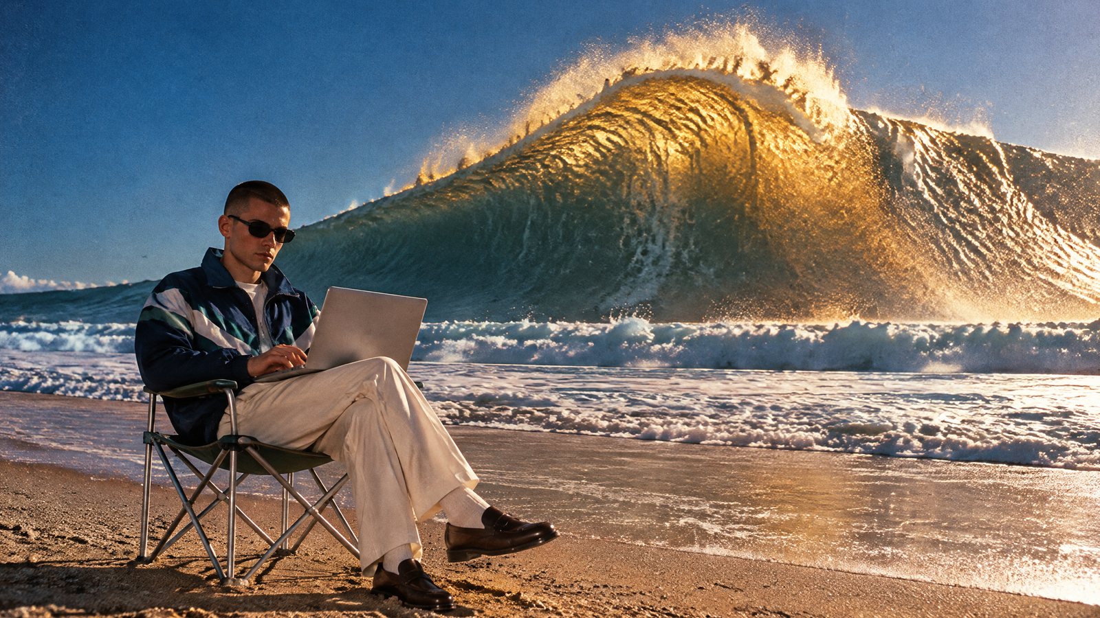 A young man in a track jacket sits calmly on a beach with his laptop as a wave the height of a building rises behind him, lit gold by the sun