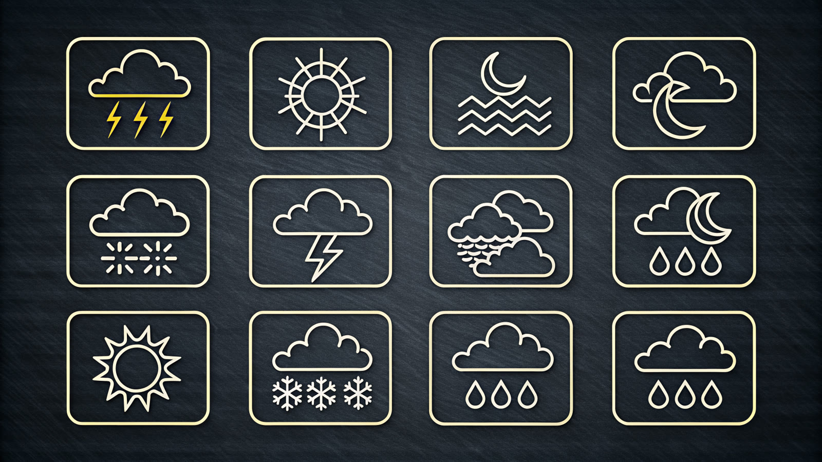 Example made with Recraft v2: A set of twelve weather pictograms in a 4x3 grid on a dark slate background, drawn in a single-weight white outline style with no fill. Sun, moon…