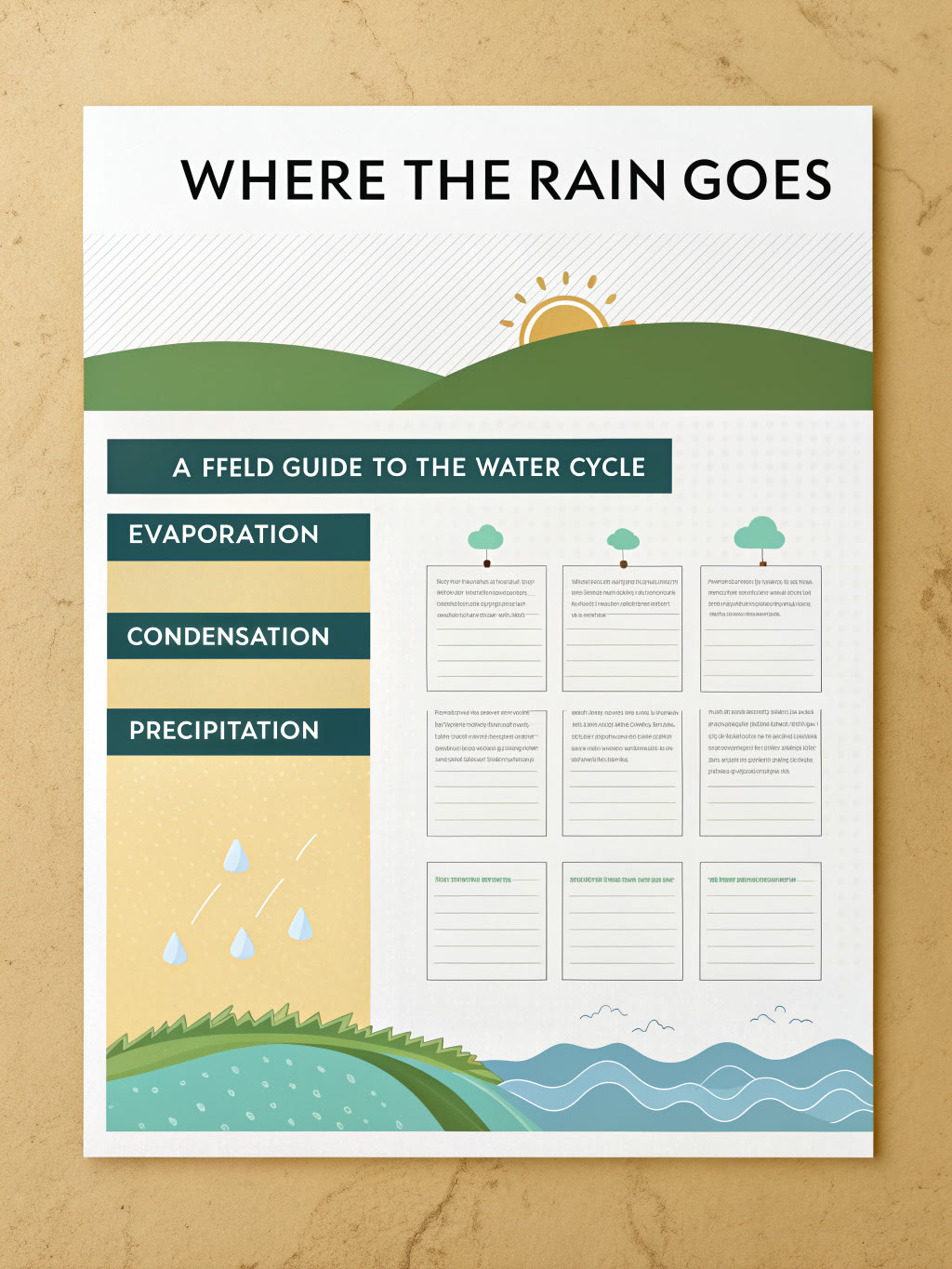 Example made with Recraft v3: A single-page infographic poster about rainfall, portrait layout on warm off-white. A large headline across the top reading "WHERE THE RAIN GOES"…