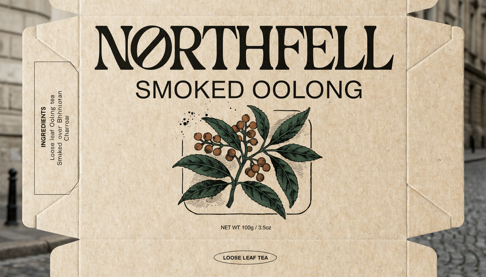 Example made with Recraft V4 Pro: A flattened packaging dieline mock-up for a loose-leaf tea carton, printed on uncoated kraft board and photographed straight on. A bold display serif…