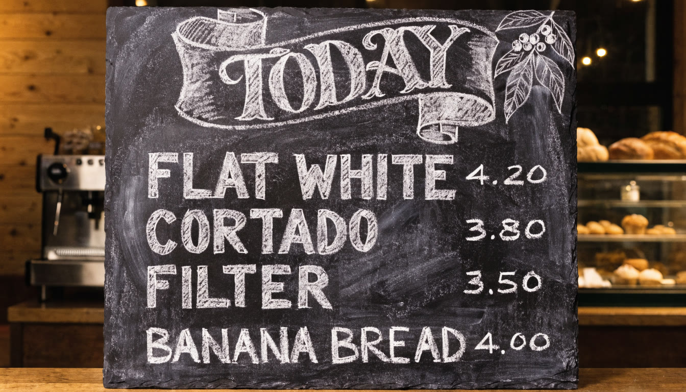 Example made with Recraft V4: A hand-lettered cafe chalkboard menu photographed head on, dark slate with chalk dust and thumb smudges. A curled banner heading reading "TODAY"…
