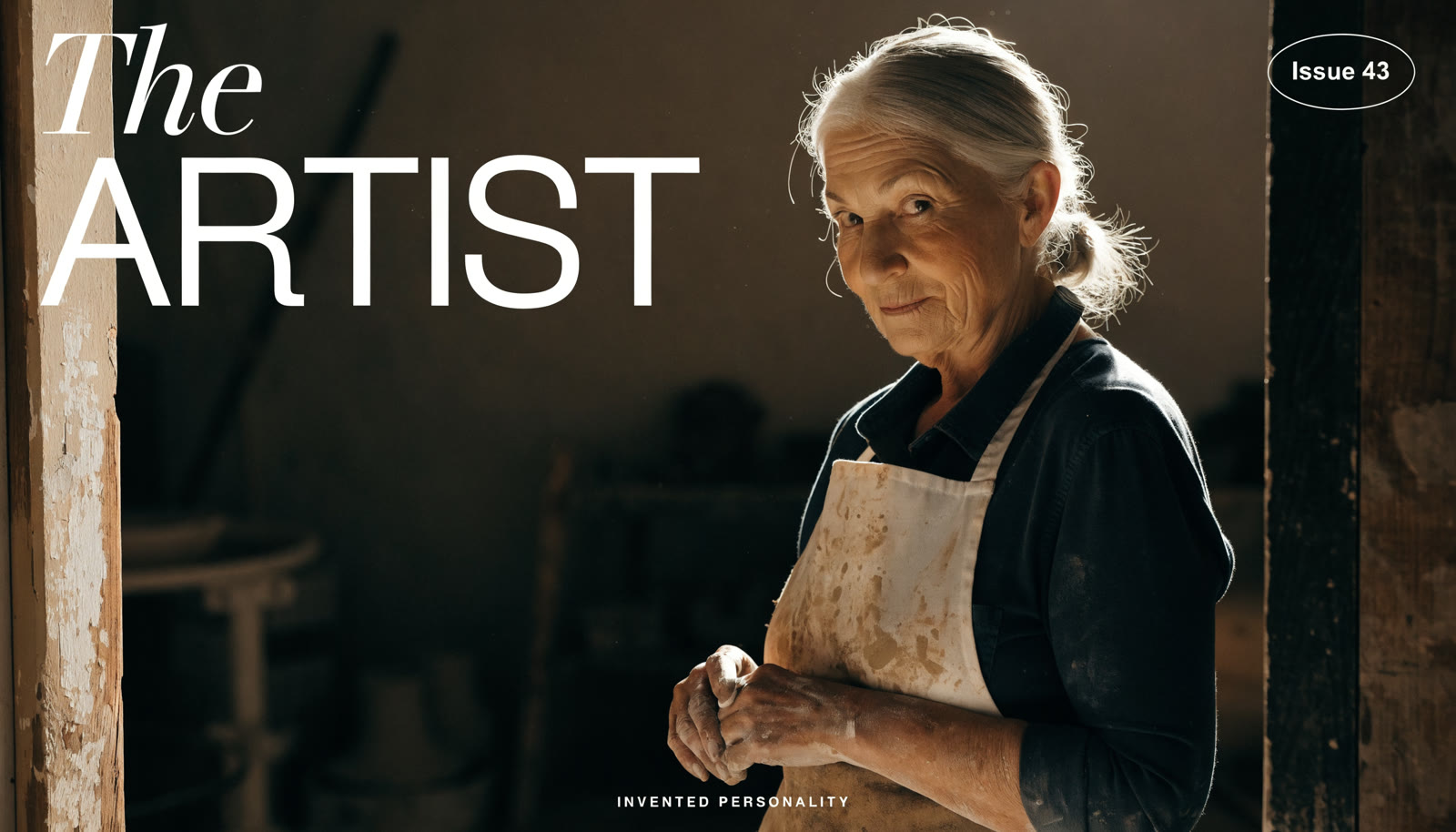 Example made with Recraft V4.1 Pro: An editorial magazine-cover portrait of an invented woman in her sixties, a ceramicist, standing in her workshop doorway with the light behind her…