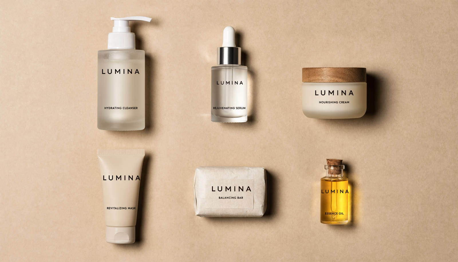Example made with Recraft V4.1 Utility Pro: A flat-lay catalogue spread of six skincare products from one invented range, shot from directly above on a seamless sand-coloured background in a…