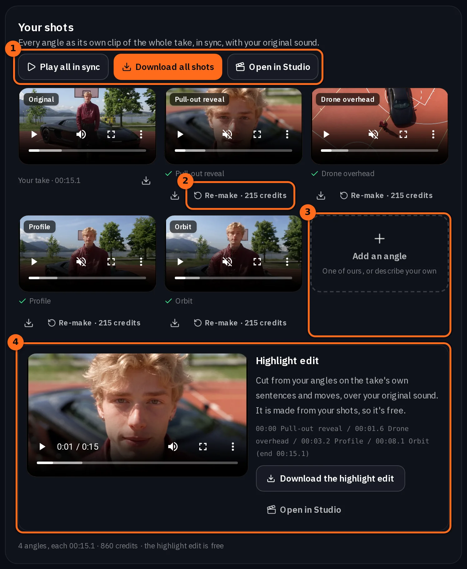 The result: the original take and the four angles in a grid, each with its download and Re-make, an Add an angle tile, and the highlight edit with its cut list and download