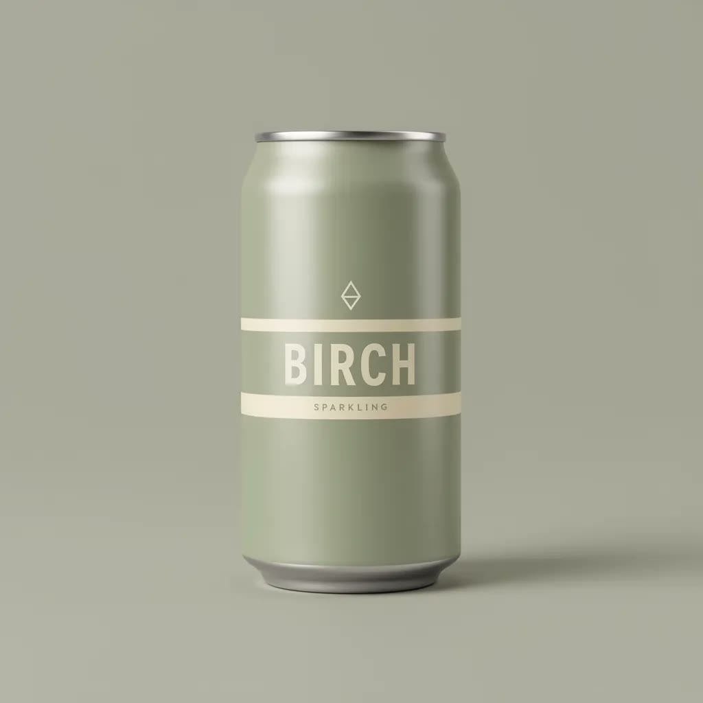 Example made with Riverflow V2.5 Fast: A slim 250ml beverage can standing on a plain putty-grey sweep, shot straight on. Minimal Scandinavian label design: a wide band of soft sage, a thin…