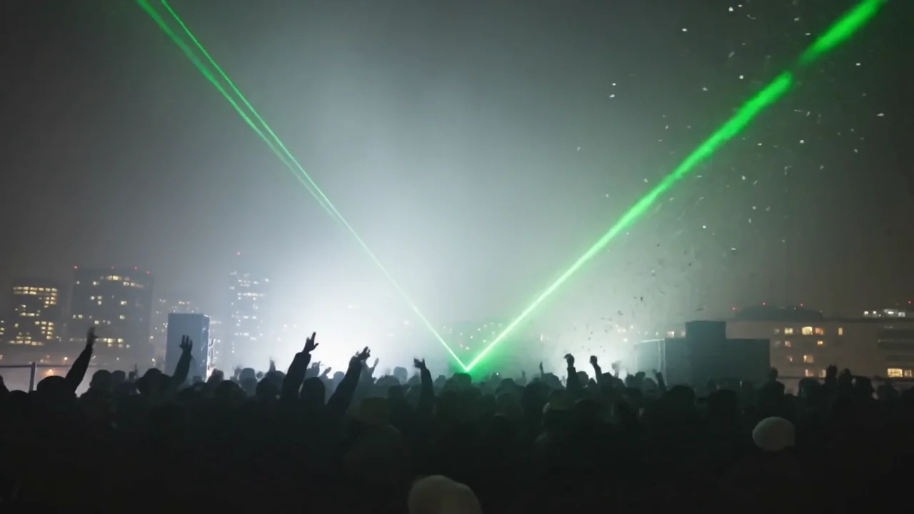 A crowd in dark coats and hoods with arms raised under green lasers and confetti on a rooftop, narrated over a quiet build that drops with a crowd cheer