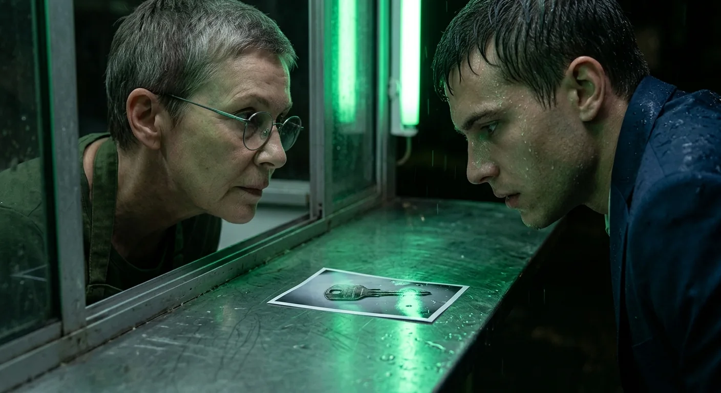 Insert: Mara and the young man lean towards each other over a photograph of a key lying on the scratched steel counter of the kiosk hatch, lit green
