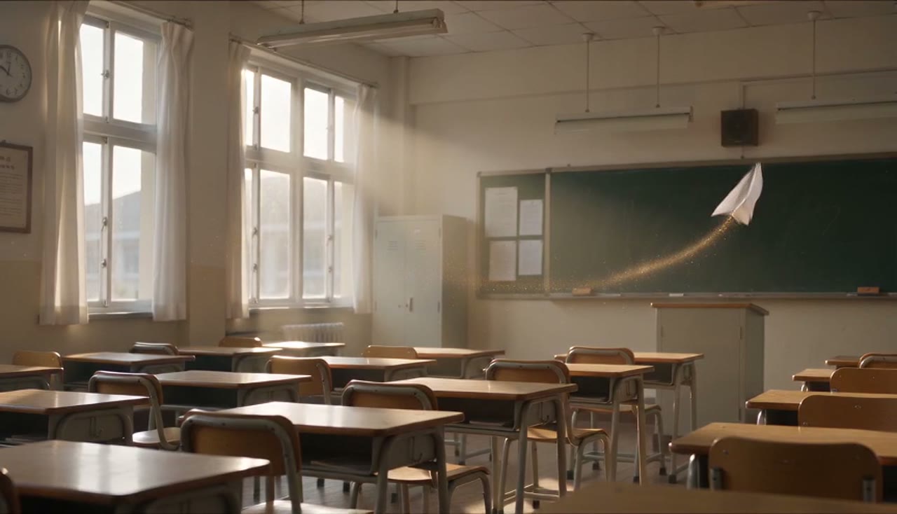 Example made with Seedance 2.0 Mini: A paper aeroplane loops once across a sunlit empty classroom and settles on a desk, chalk dust hanging in the light beam. Static wide shot, no people.