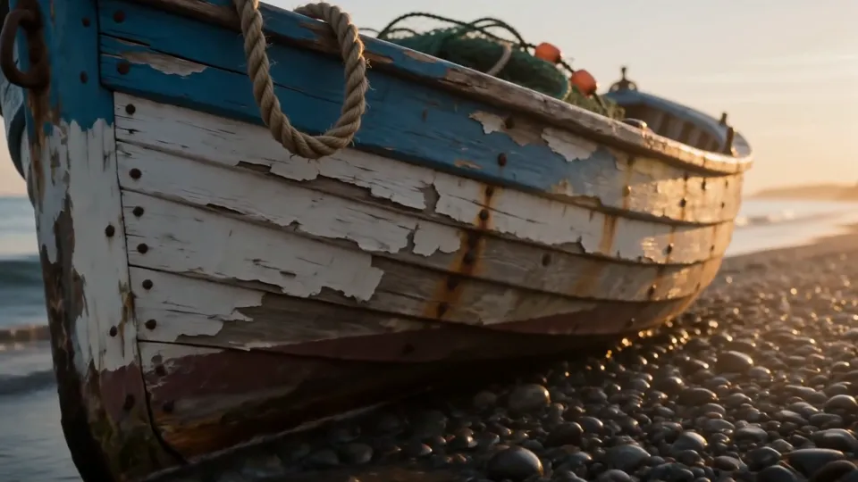 Seedance 2.0 Pro at 1080p: the same fishing boat on the pebble beach at sunrise
