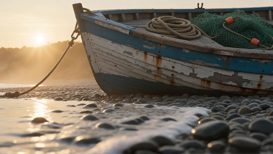 Seedance 2.0 Pro at 4K: the old blue and white fishing boat on a pebble beach with the sun low behind it
