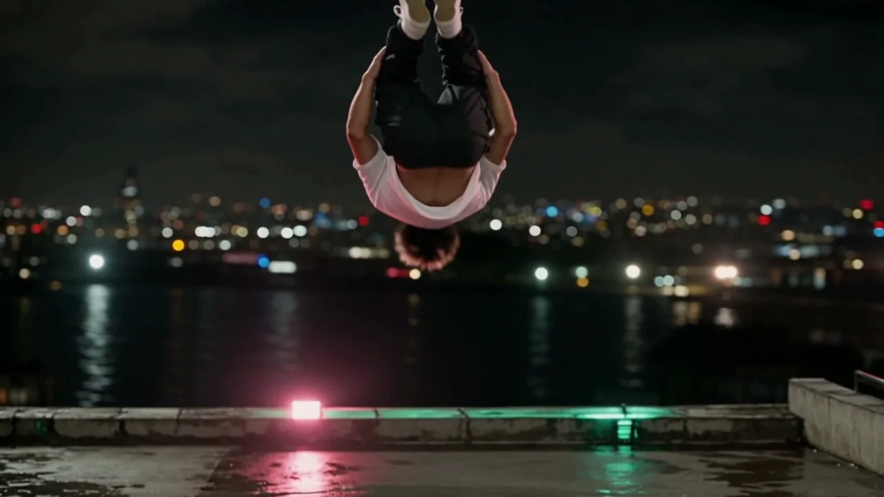 Seedance 2.5: the dancer loads, flips backward in a high tuck and lands feet first in a squat
