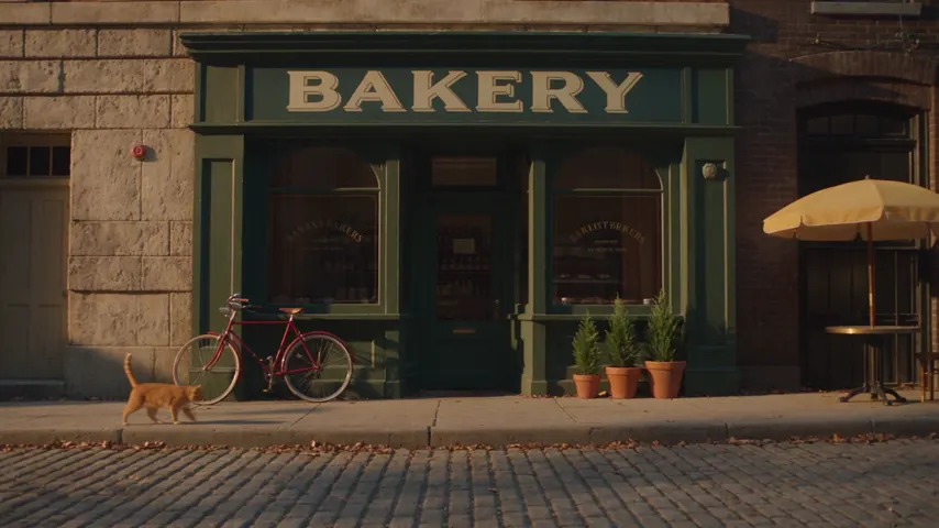 Seedance 2.5: a bakery storefront with a green BAKERY sign, a red bicycle, three pots and a ginger cat, the camera pushing in