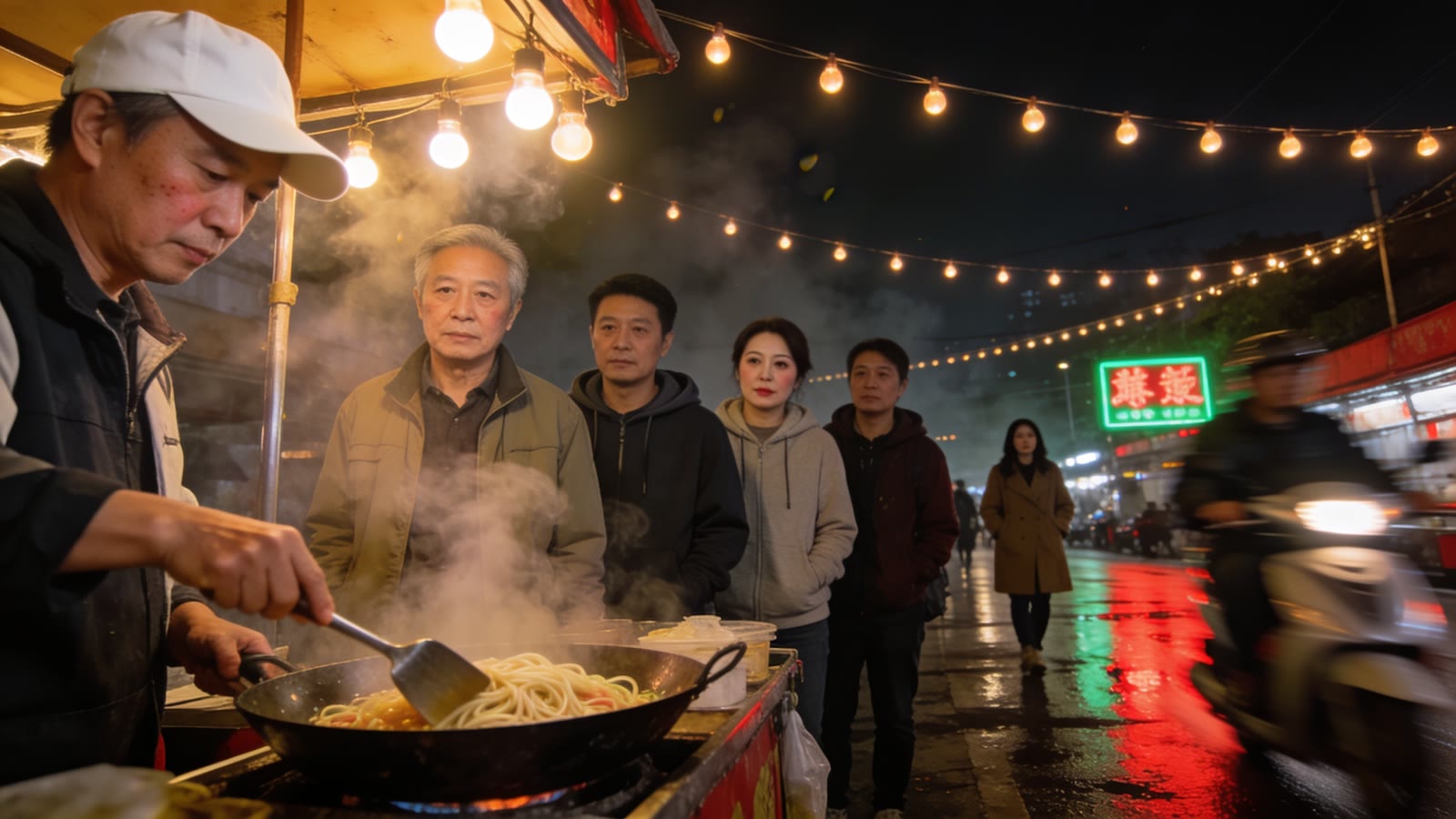 Example made with Seedream 4.5: A busy night market street scene from a low three-quarter angle: steam rising off a noodle cart in the foreground, a vendor in a white cap working…