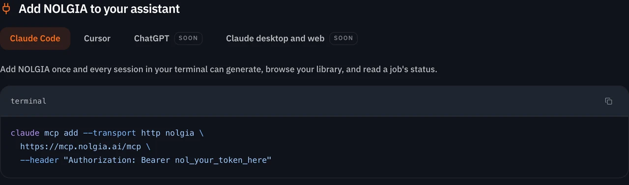 Step 2 of the MCP page with the Claude Code tab selected: tabs for Claude Code, Cursor, ChatGPT marked Soon and Claude desktop and web marked Soon, above the claude mcp add command with a copy button