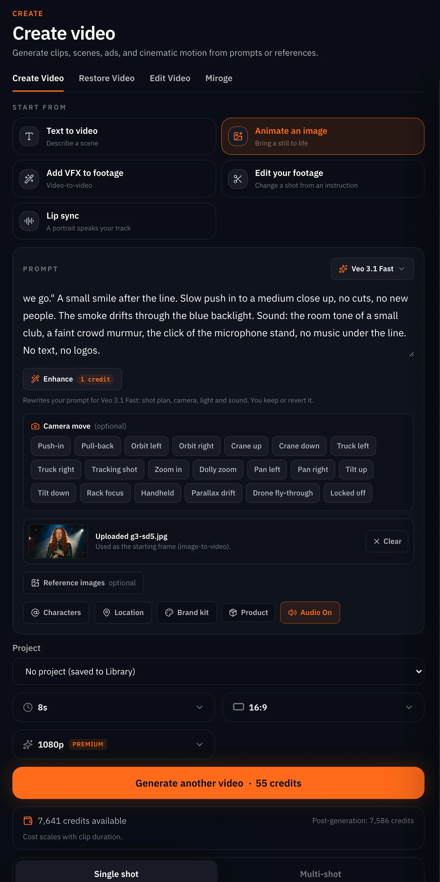 The video composer on a desktop with Veo 3.1 Fast selected, the singer's still as the start frame, 8 seconds and 1080p chosen, the price on the Generate button