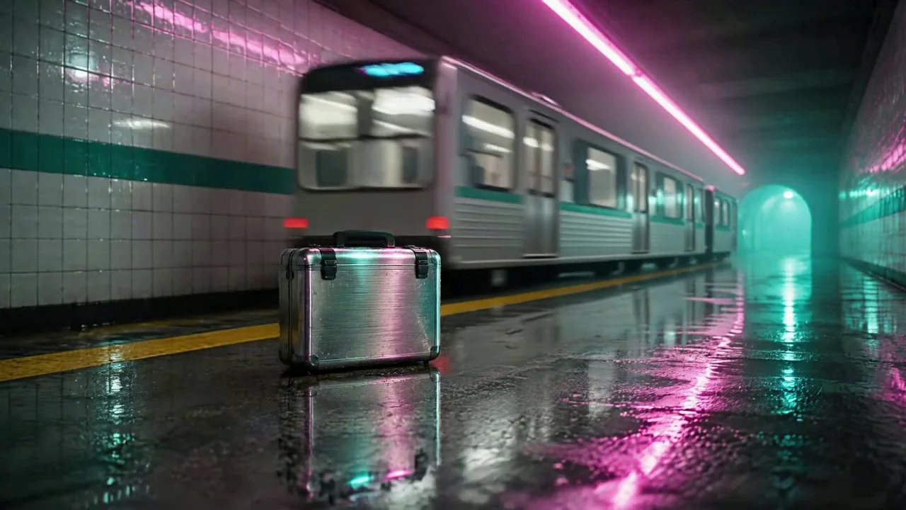 The chrome case standing still on the wet platform by the yellow line as a train streaks past behind it