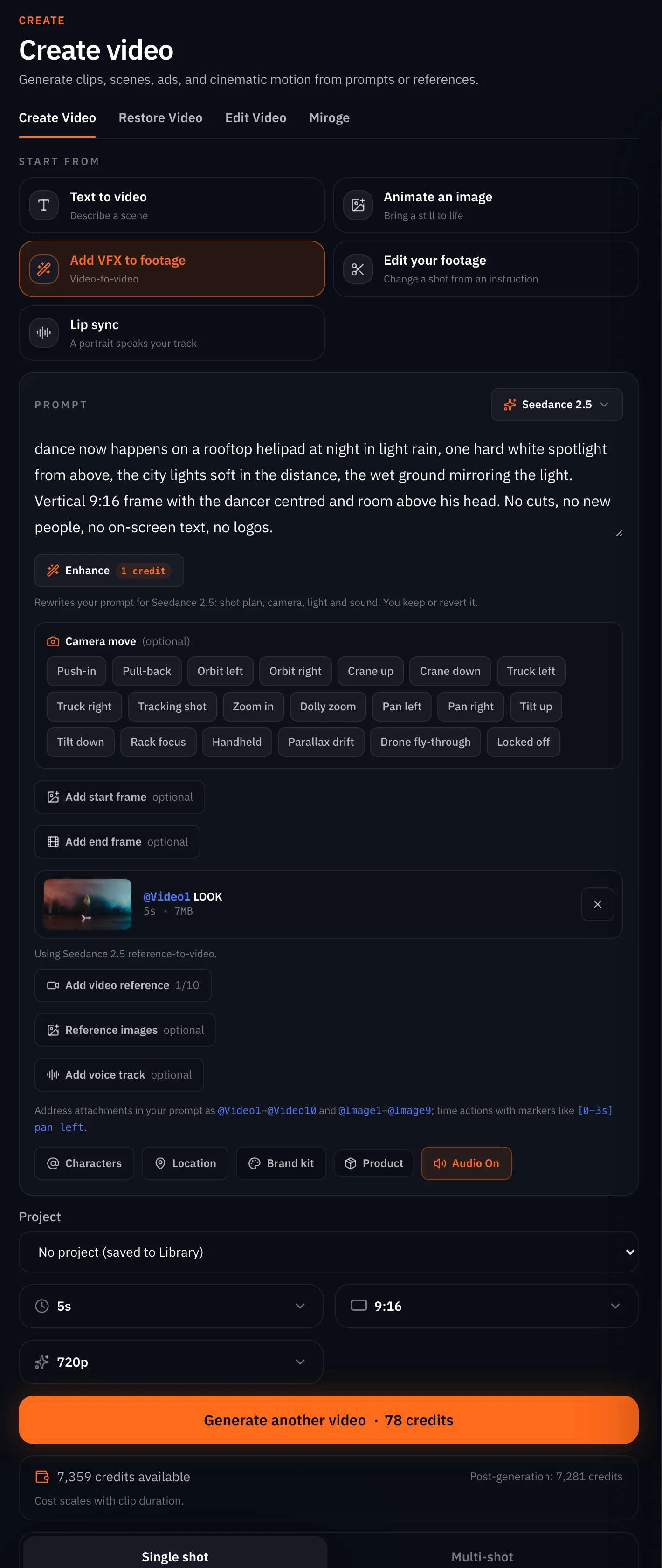 The video composer in reference mode with the take attached as @Video1 and the hint that says to address attachments as @Video1 and @Image1