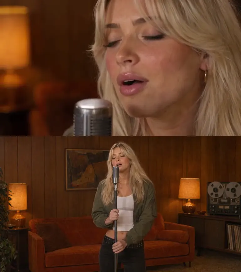 Top: the highlight edit cutting between a low angle, an extreme close up and an orbit of a singer at a vintage microphone in a 1970s wood paneled lounge. Bottom: the original locked off take.